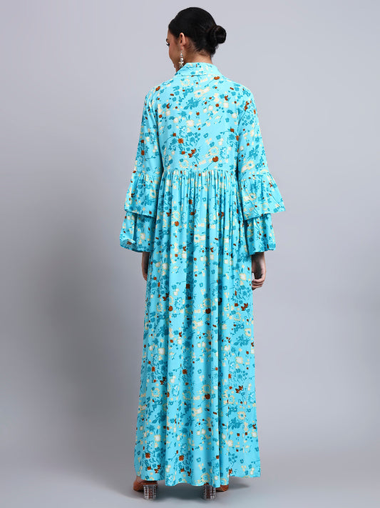Women Embroided Floral Printed Rayon Jalabiya-AL4098B Turquoise