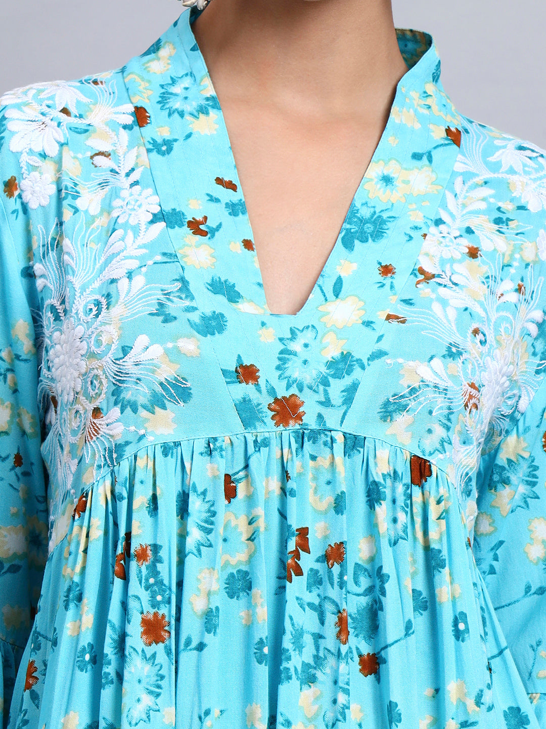 Women Embroided Floral Printed Rayon Jalabiya-AL4098B Turquoise