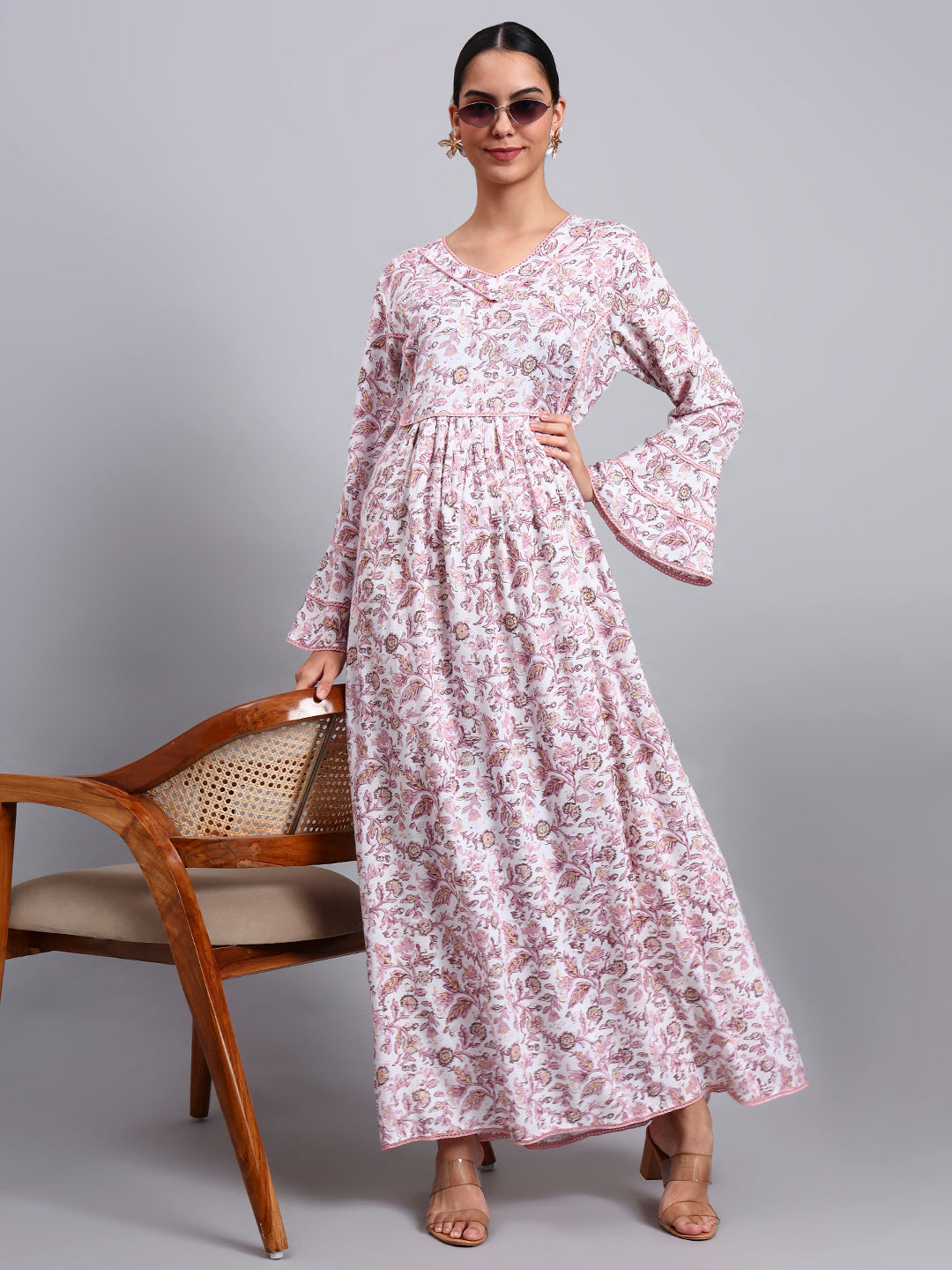 Women Floral Printed Rayon Jalabiya with Flared Sleeves & V-Neckline-AL4011 Dustypink