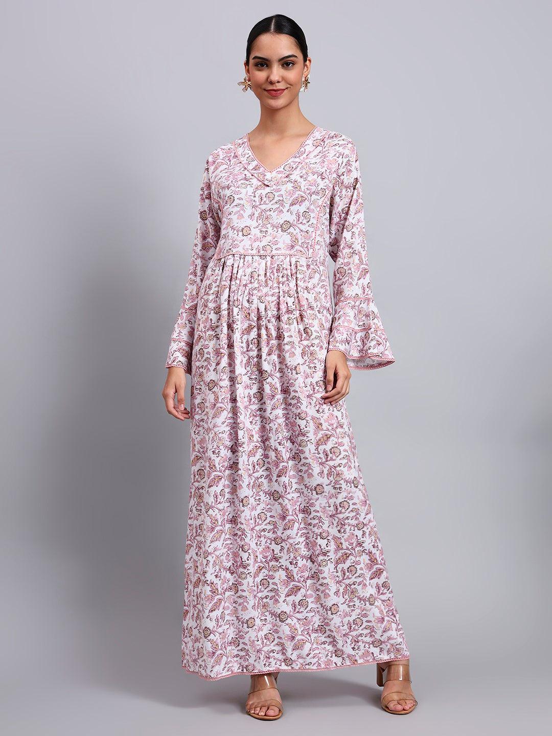 Women Floral Printed Rayon Jalabiya with Flared Sleeves & V-Neckline-AL4011 Dustypink