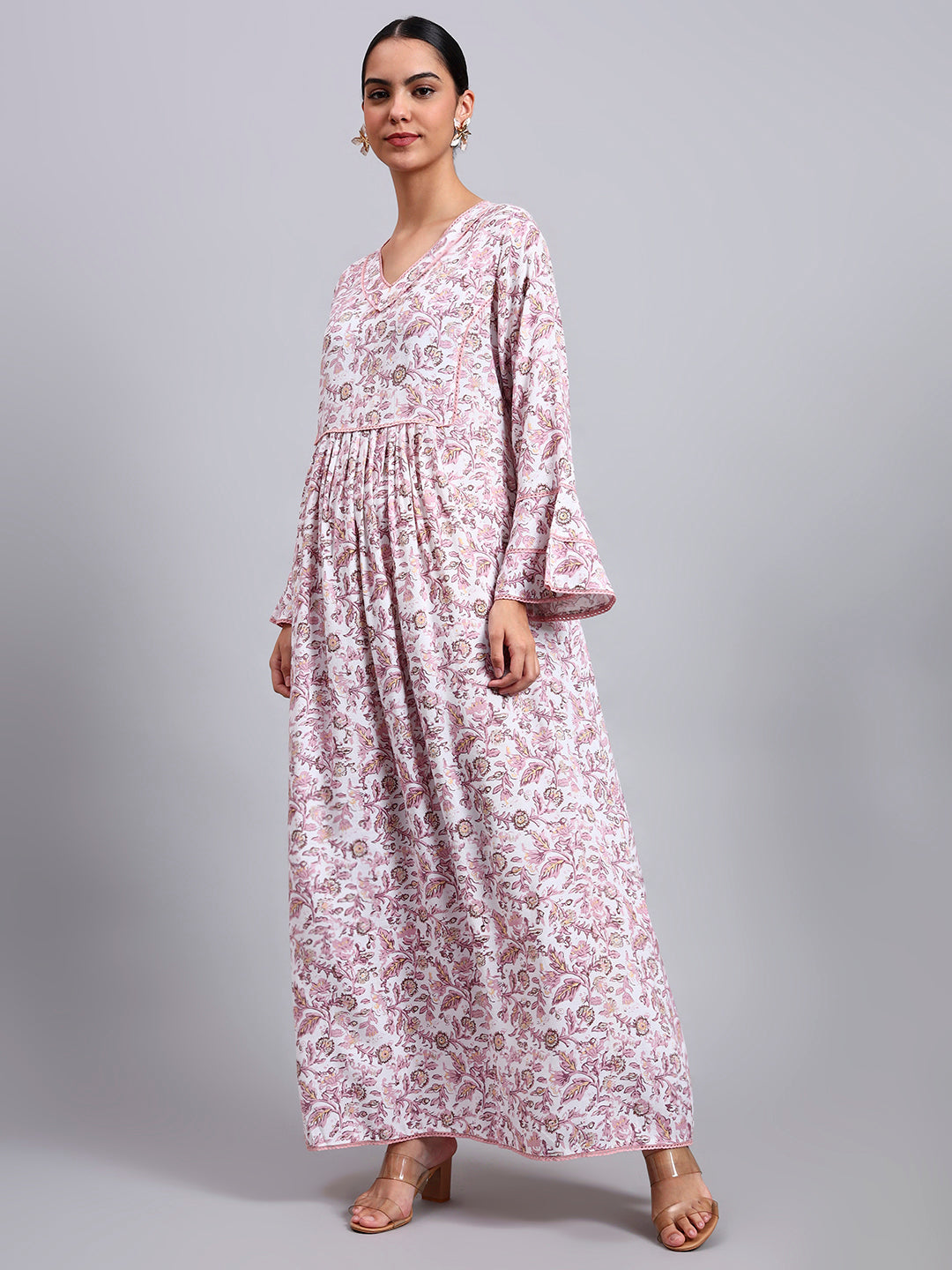 Women Floral Printed Rayon Jalabiya with Flared Sleeves & V-Neckline-AL4011 Dustypink