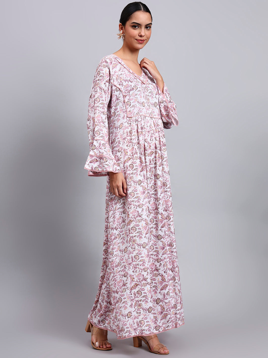 Women Floral Printed Rayon Jalabiya with Flared Sleeves & V-Neckline-AL4011 Dustypink