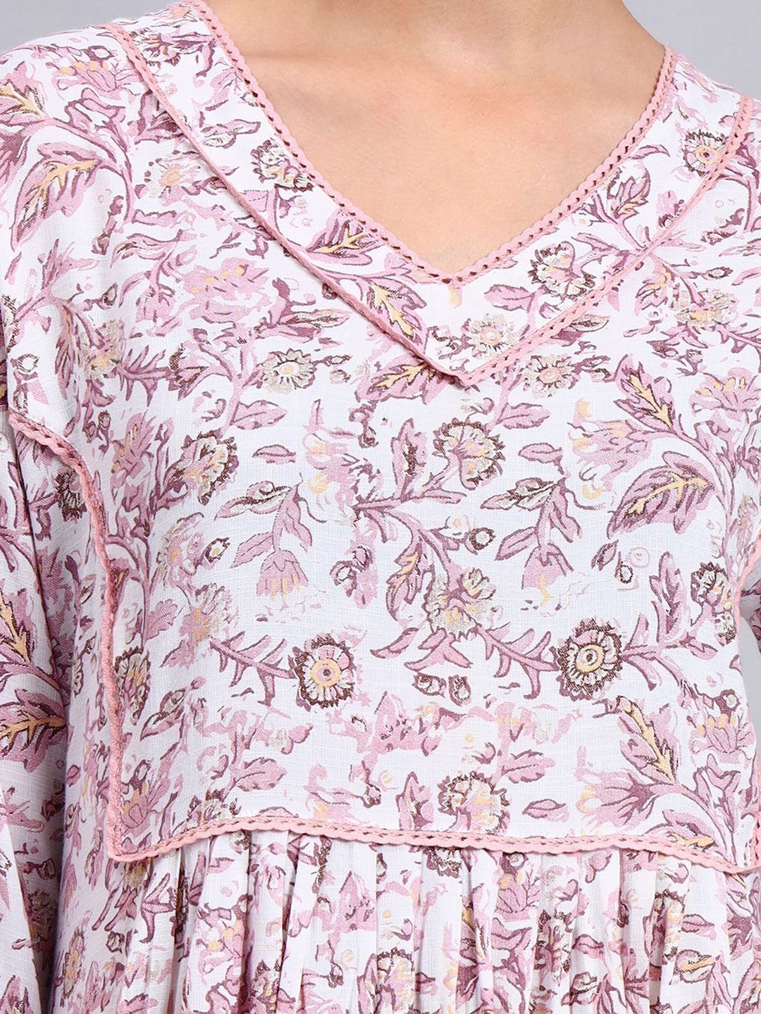 Women Floral Printed Rayon Jalabiya with Flared Sleeves & V-Neckline-AL4011 Dustypink