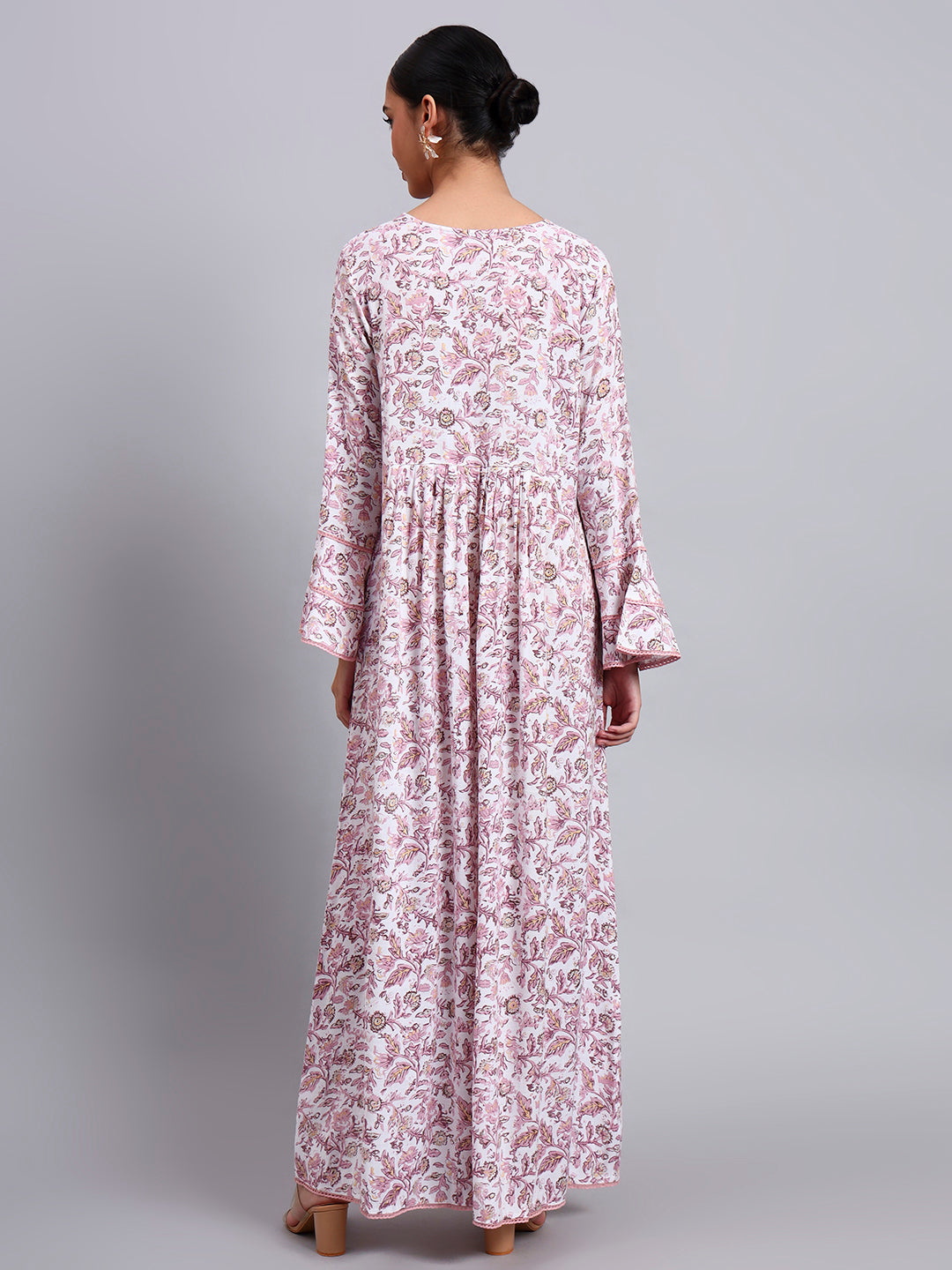 Women Floral Printed Rayon Jalabiya with Flared Sleeves & V-Neckline-AL4011 Dustypink