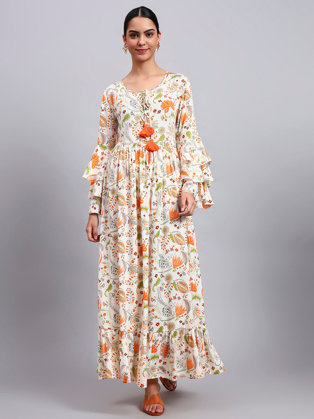 Women Floral Printed Rayon Jalabiya with Lace-Up Neckline-AL4006 Orange