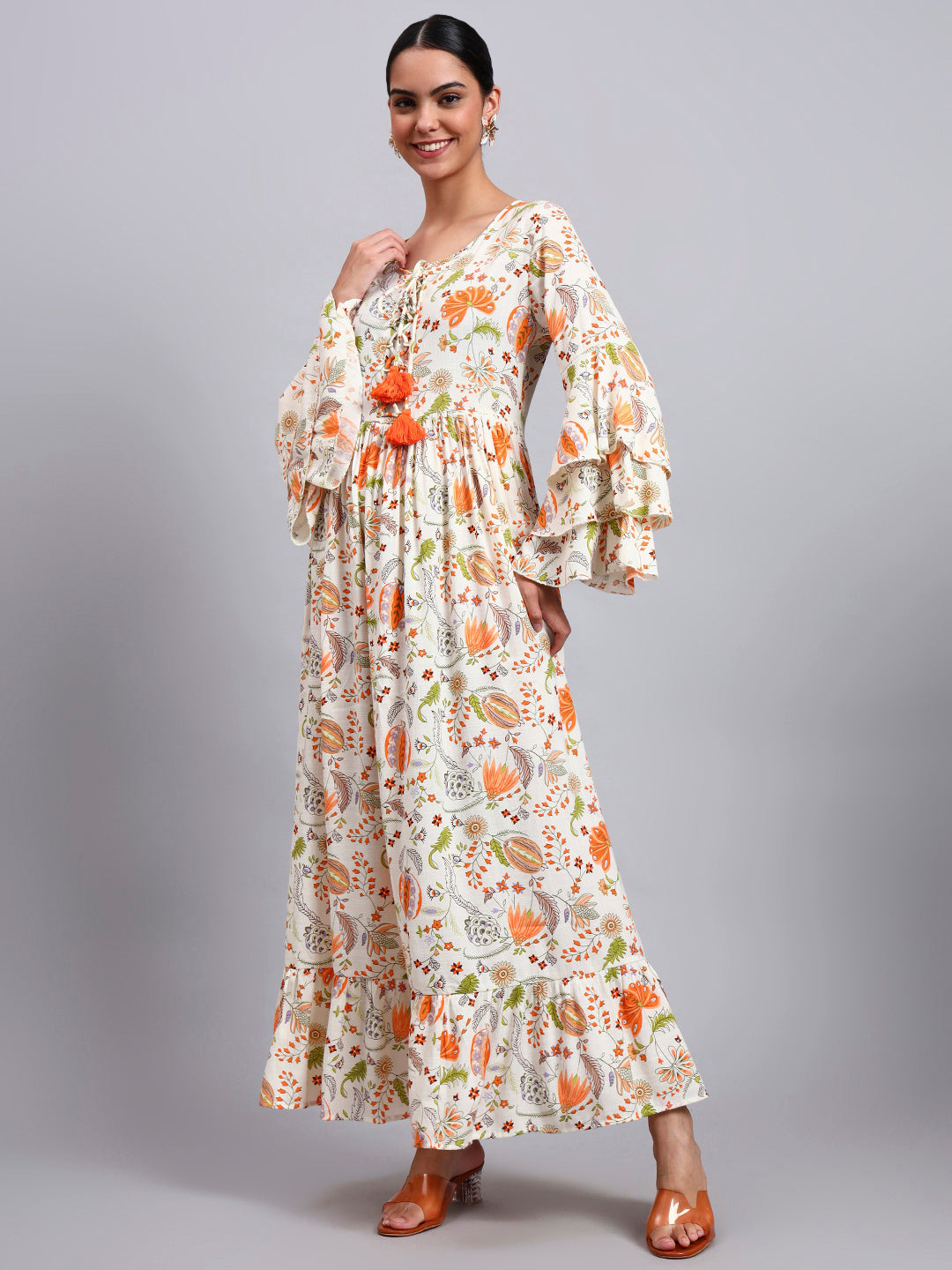 Women Floral Printed Rayon Jalabiya with Lace-Up Neckline-AL4006 Orange