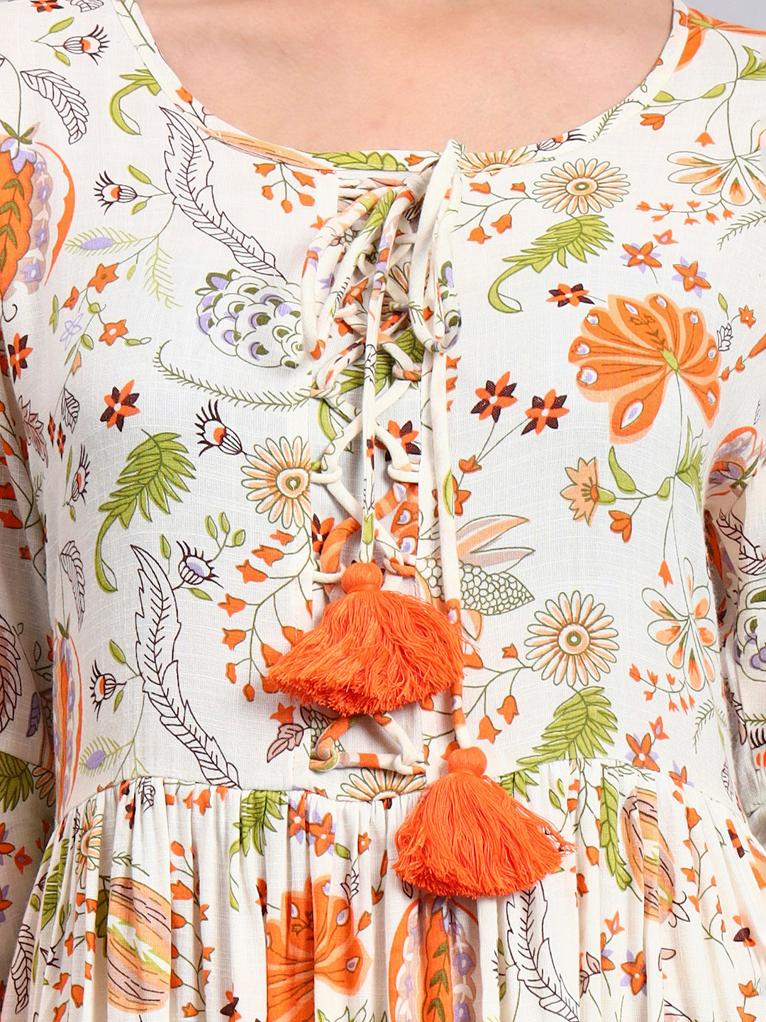 Women Floral Printed Rayon Jalabiya with Lace-Up Neckline-AL4006 Orange