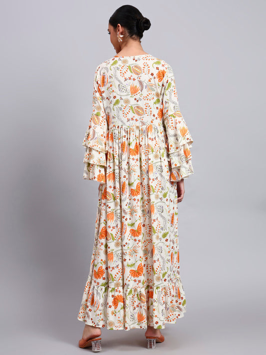 Women Floral Printed Rayon Jalabiya with Lace-Up Neckline-AL4006 Orange
