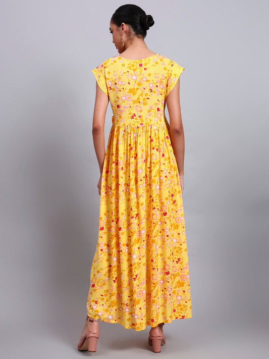 Women Floral Printed Cotton Jalabiya with Cap Sleeves & Square Neckline-AL4010 Yellow
