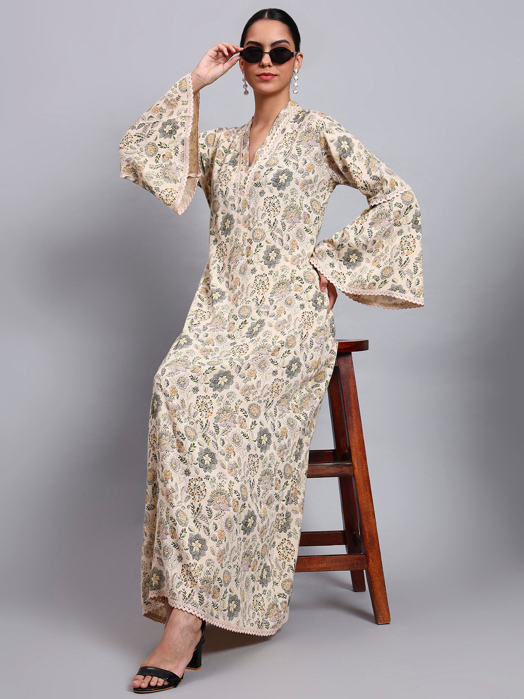 Women Beige Floral Printed Rayon Jalabiya with Bell Sleeves & V-Neckline-AL4007