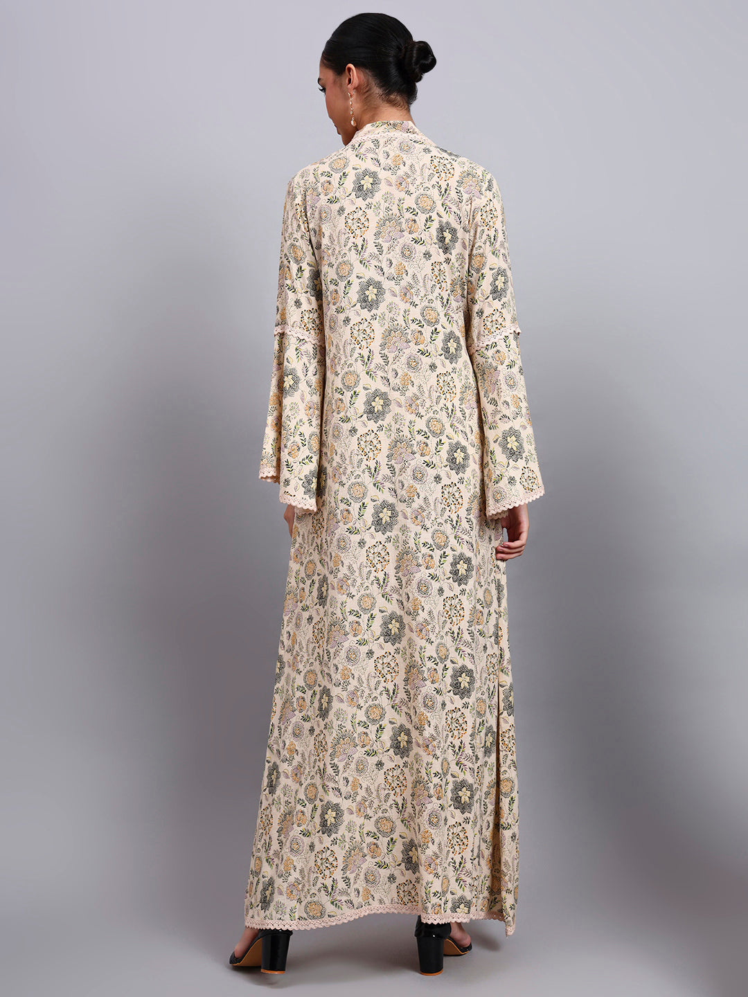 Women Beige Floral Printed Rayon Jalabiya with Bell Sleeves & V-Neckline-AL4007