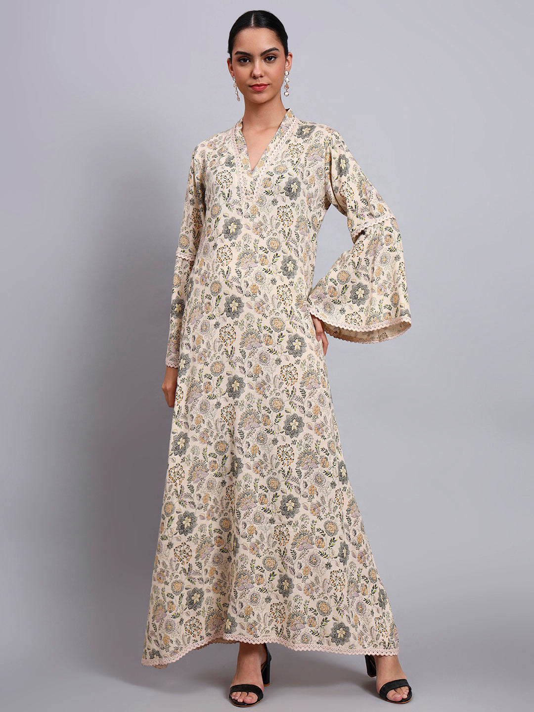 Women Beige Floral Printed Rayon Jalabiya with Bell Sleeves & V-Neckline-AL4007