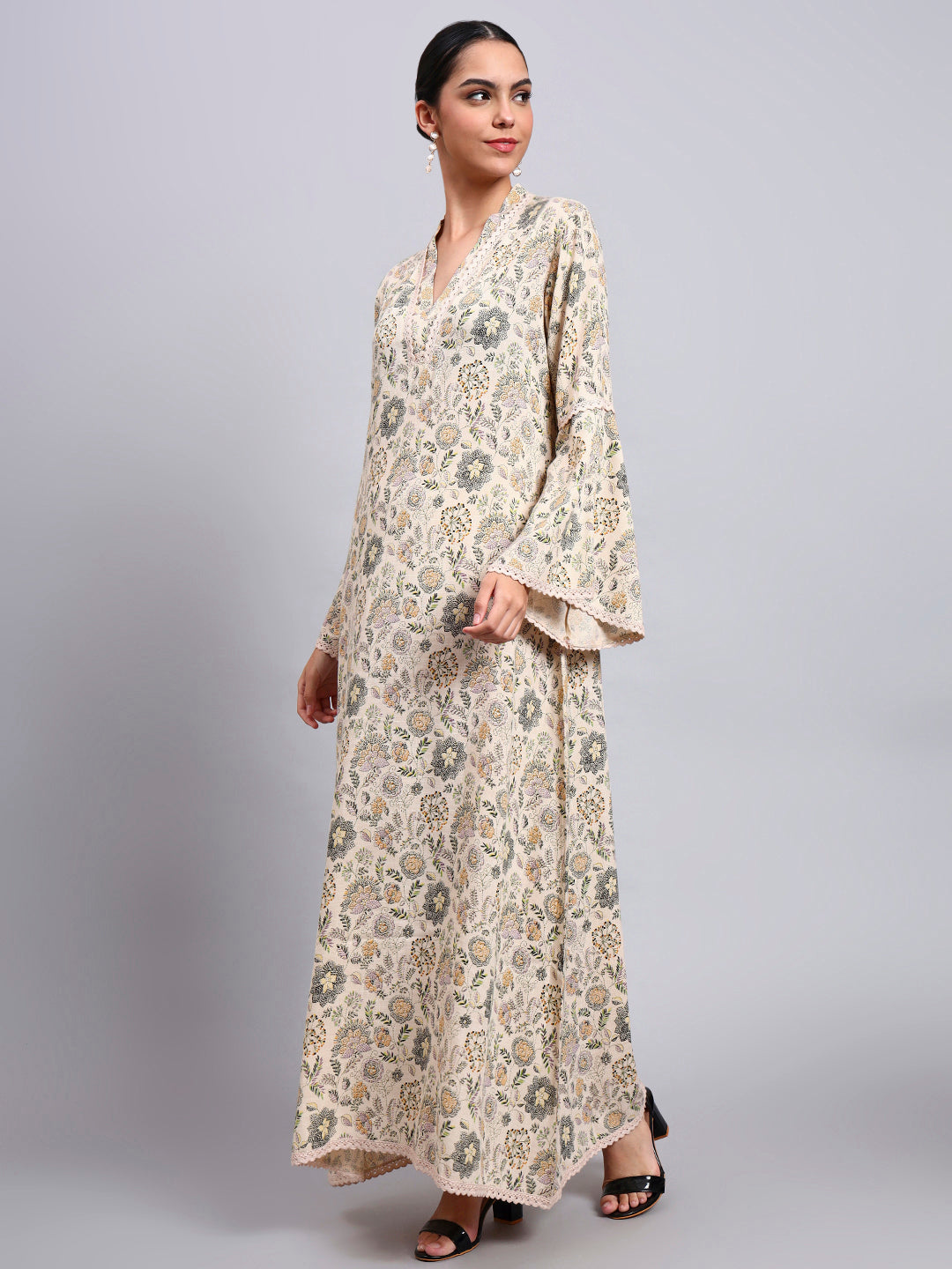 Women Beige Floral Printed Rayon Jalabiya with Bell Sleeves & V-Neckline-AL4007