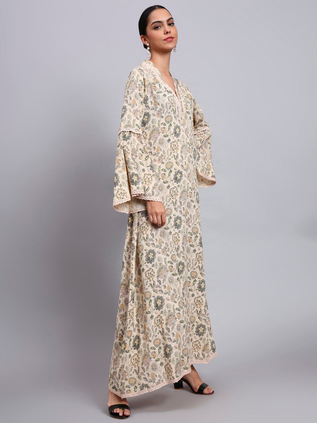 Women Beige Floral Printed Rayon Jalabiya with Bell Sleeves & V-Neckline-AL4007
