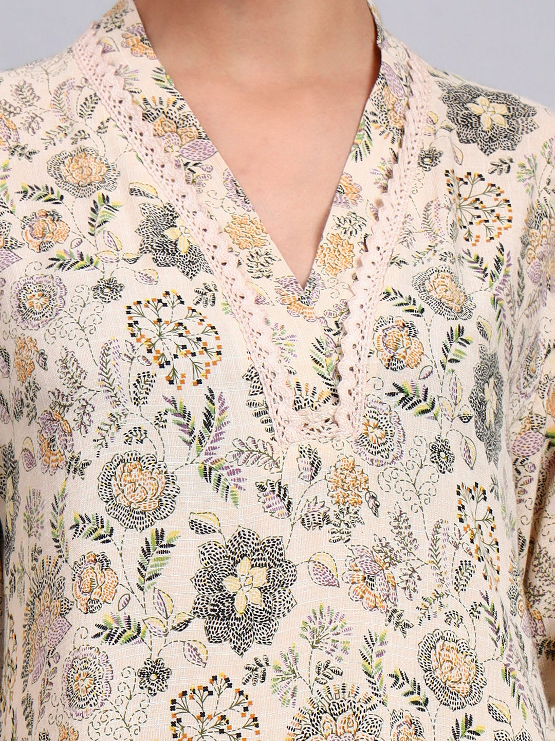 Women Beige Floral Printed Rayon Jalabiya with Bell Sleeves & V-Neckline-AL4007