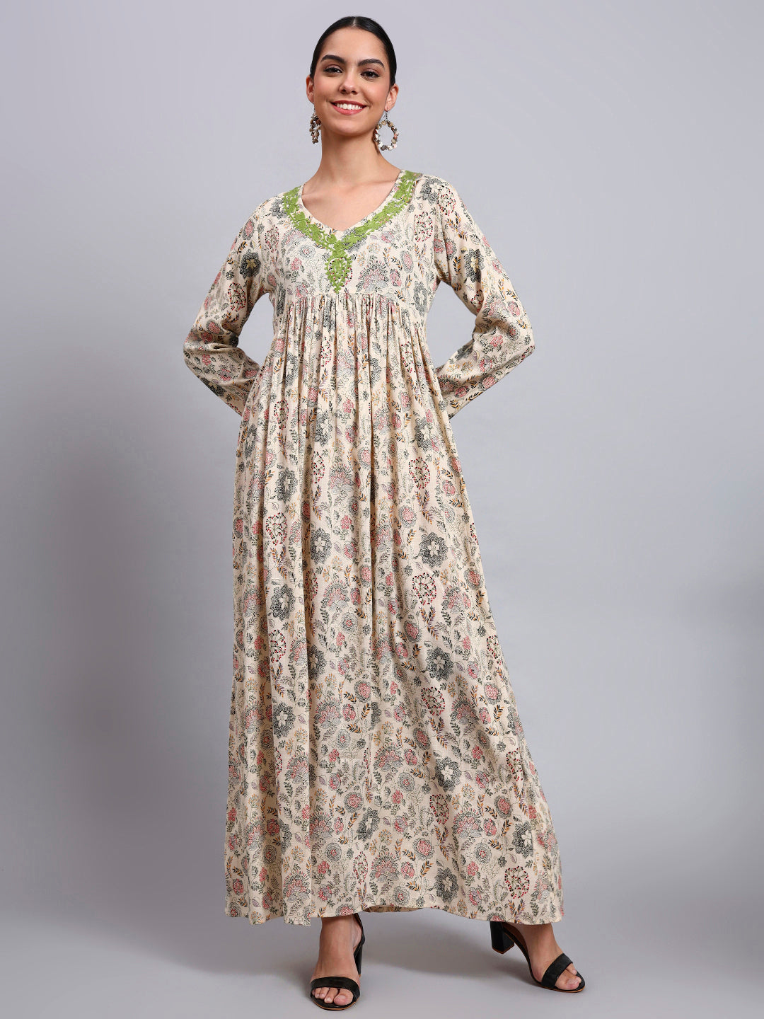 Women's Printed Rayon Jalabiya with Embroidered Neck-AL4067 Beige