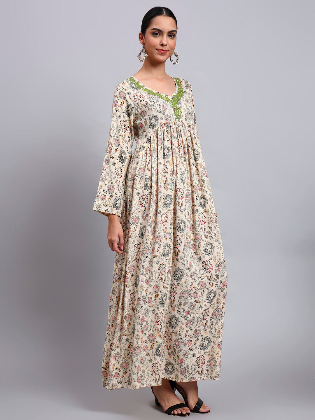 Women's Printed Rayon Jalabiya with Embroidered Neck-AL4067 Beige