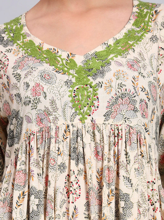 Women's Printed Rayon Jalabiya with Embroidered Neck-AL4067 Beige