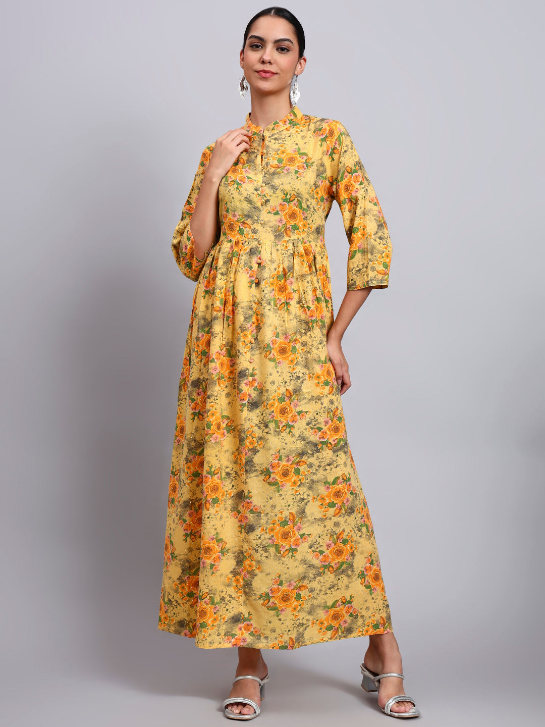 Women Floral Printed Cotton Jalabiya with Mandarin Collar & Three-Quarter Sleeves-AL4009 Yellow