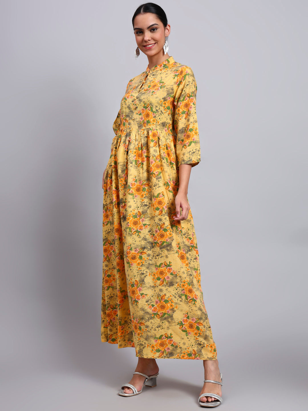 Women Floral Printed Cotton Jalabiya with Mandarin Collar & Three-Quarter Sleeves-AL4009 Yellow