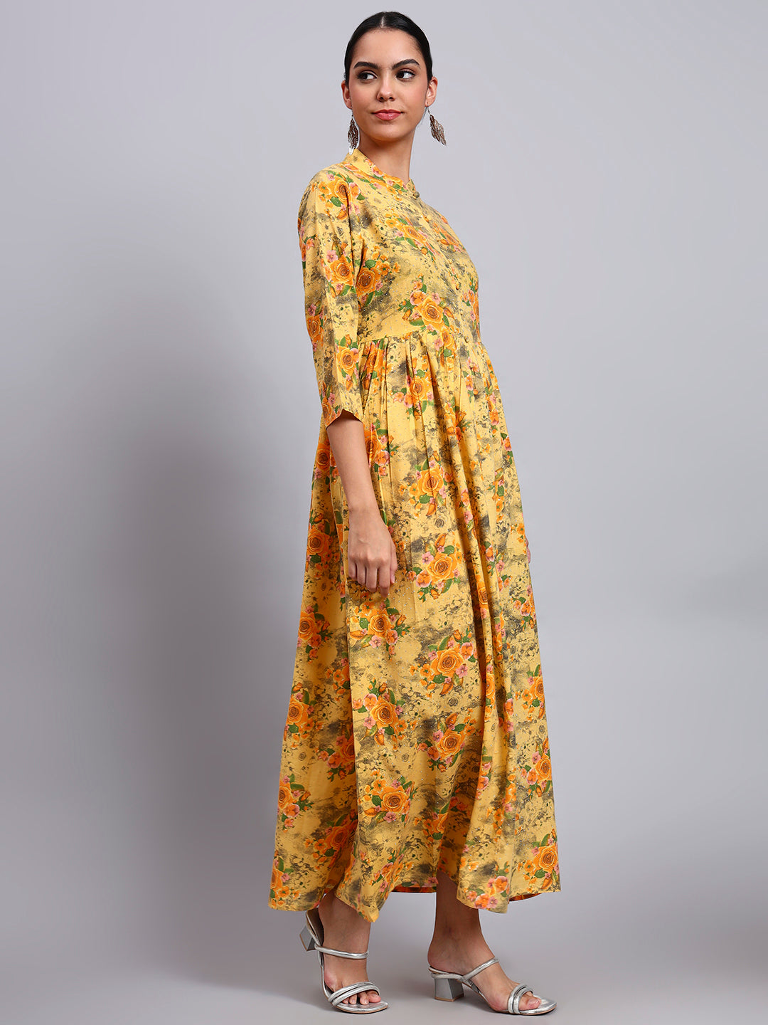 Women Floral Printed Cotton Jalabiya with Mandarin Collar & Three-Quarter Sleeves-AL4009 Yellow