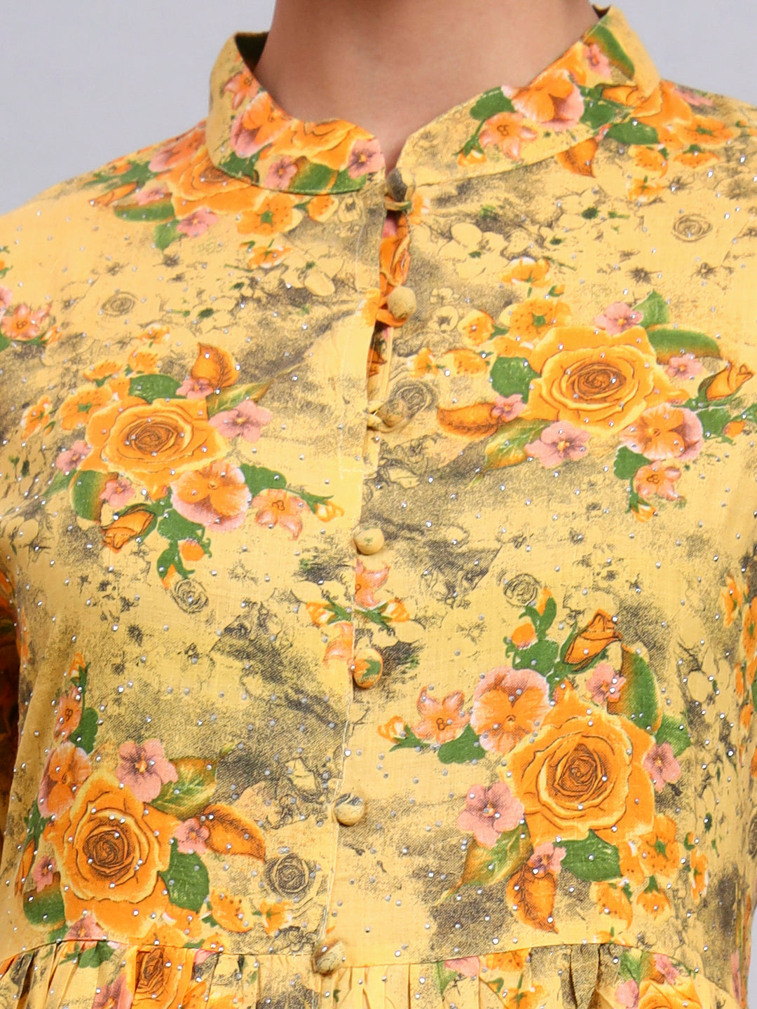 Women Floral Printed Cotton Jalabiya with Mandarin Collar & Three-Quarter Sleeves-AL4009 Yellow
