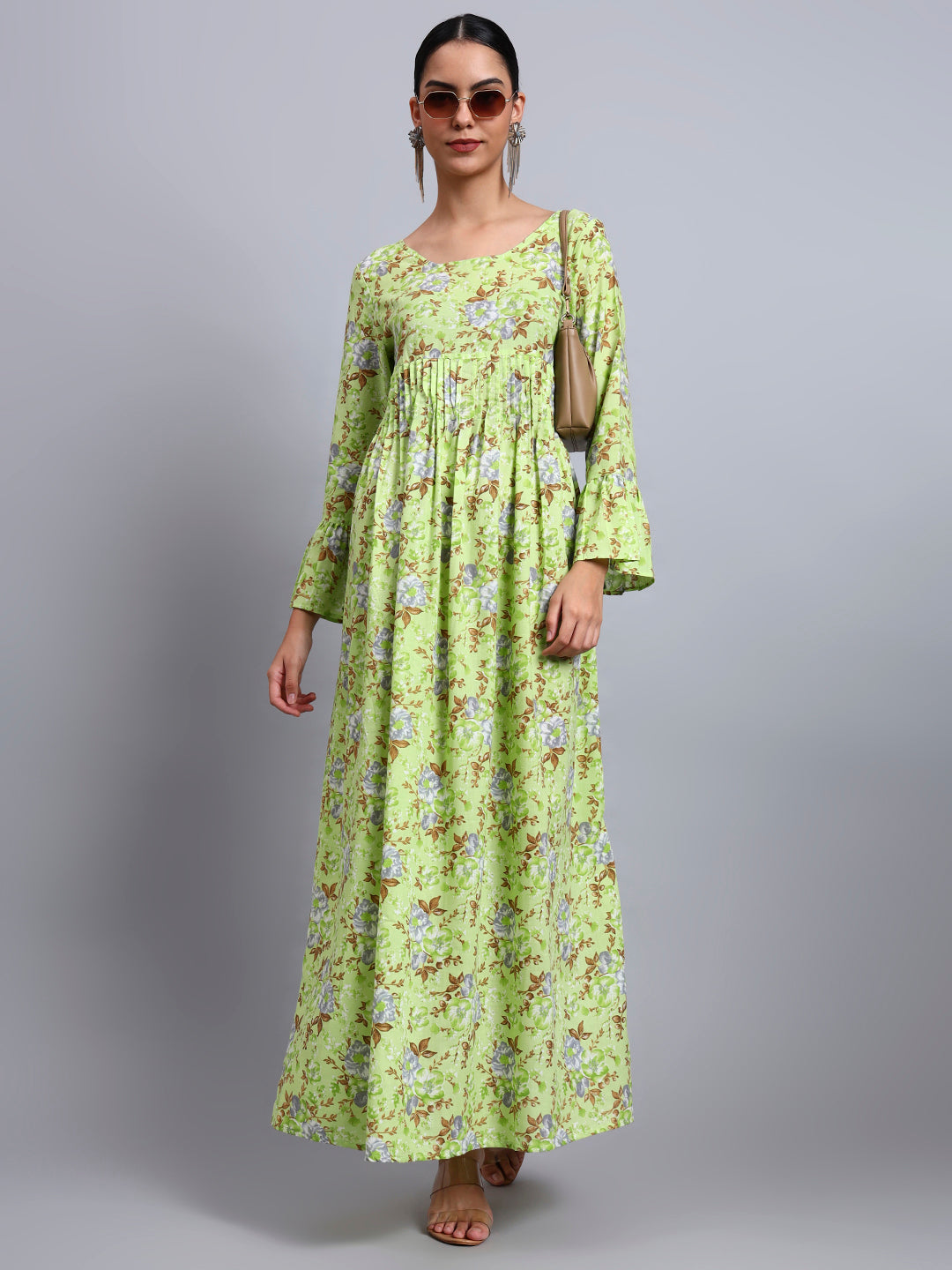 Women Green Floral Printed Cotton Jalabiya with Flared Sleeves & Round Neckline-AL4045 Parrotgreen