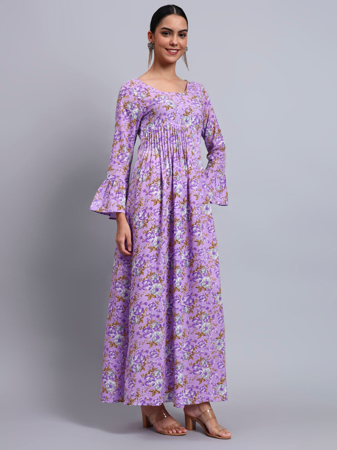 Women Green Floral Printed Cotton Jalabiya with Flared Sleeves & Round Neckline-AL4045 Lavender