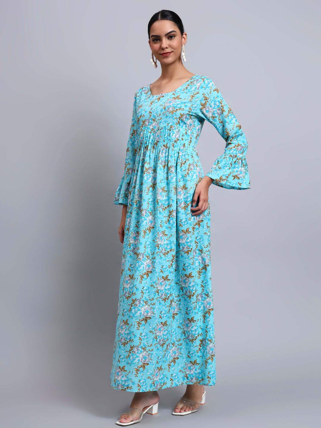 Women Green Floral Printed Cotton Jalabiya with Flared Sleeves & Round Neckline-AL4045 Turquoise