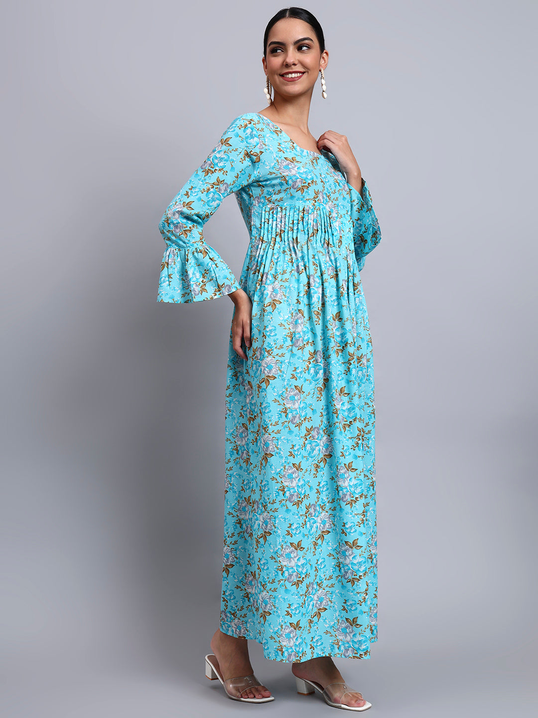 Women Green Floral Printed Cotton Jalabiya with Flared Sleeves & Round Neckline-AL4045 Turquoise