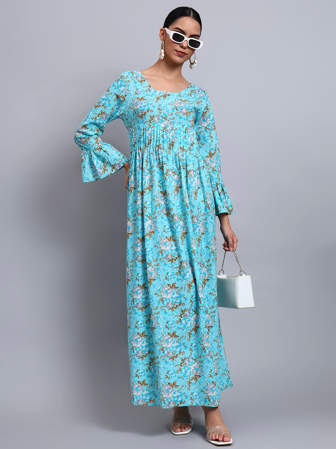 Women Green Floral Printed Cotton Jalabiya with Flared Sleeves & Round Neckline-AL4045 Turquoise