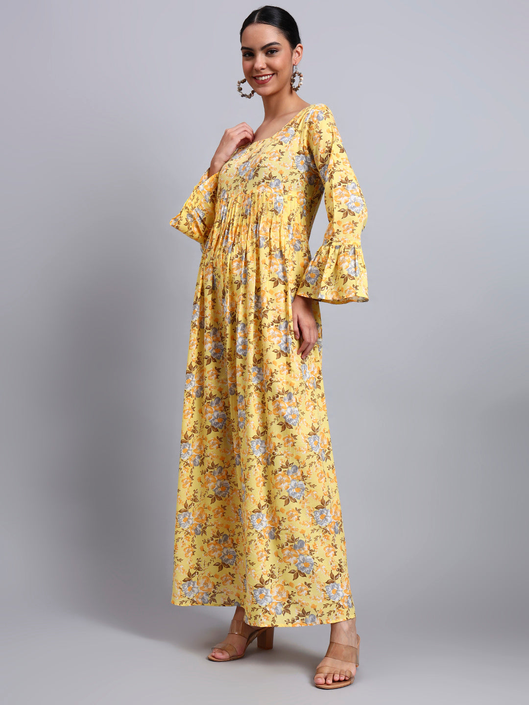 Women Green Floral Printed Cotton Jalabiya with Flared Sleeves & Round Neckline-AL4045 Yellow
