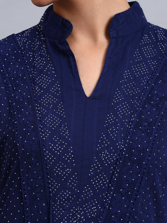 Women's Cotton Jalabiya with Mirror Work-AL4051 Navy