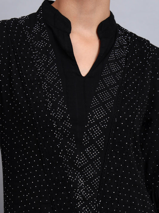 Women's Cotton Jalabiya with Mirror Work-AL4051 Black