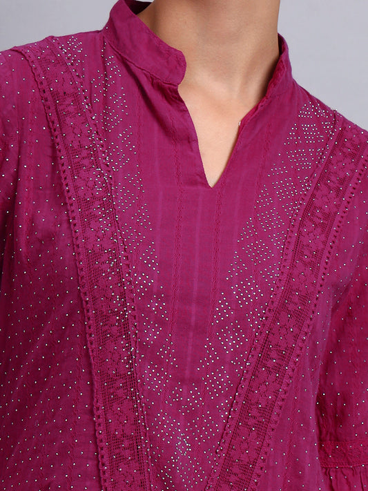 Women's Cotton Jalabiya with Mirror Work-AL4051 Magenta