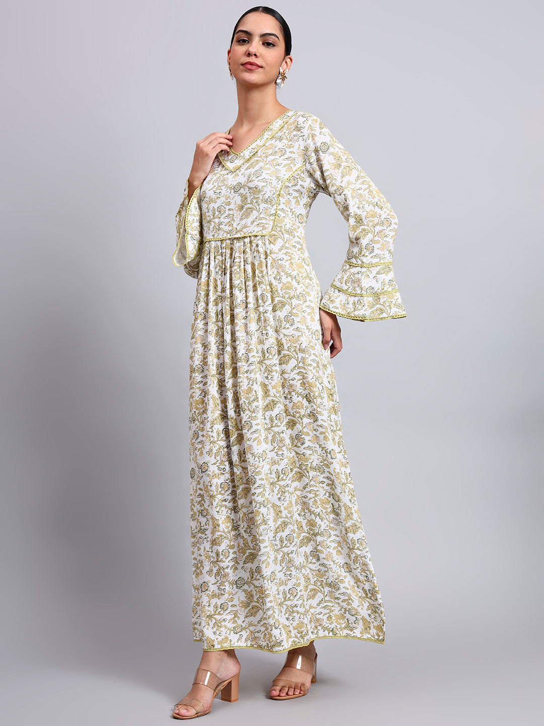 Women Floral Printed Rayon Jalabiya with Flared Sleeves & V-Neckline-AL4011 Yellow