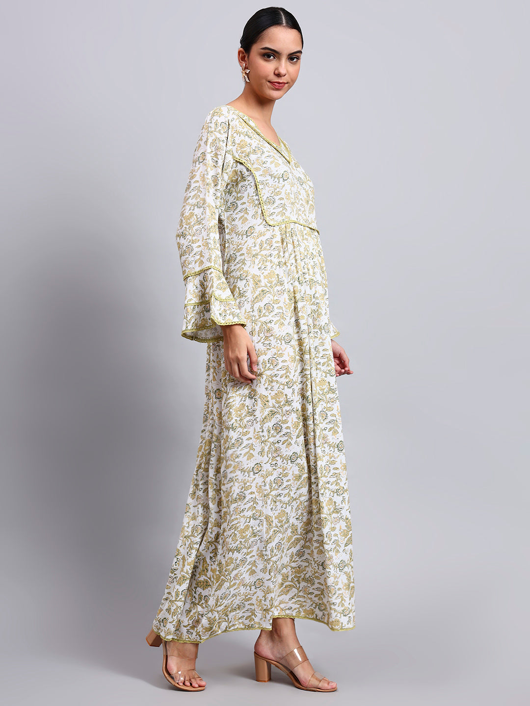Women Floral Printed Rayon Jalabiya with Flared Sleeves & V-Neckline-AL4011 Yellow
