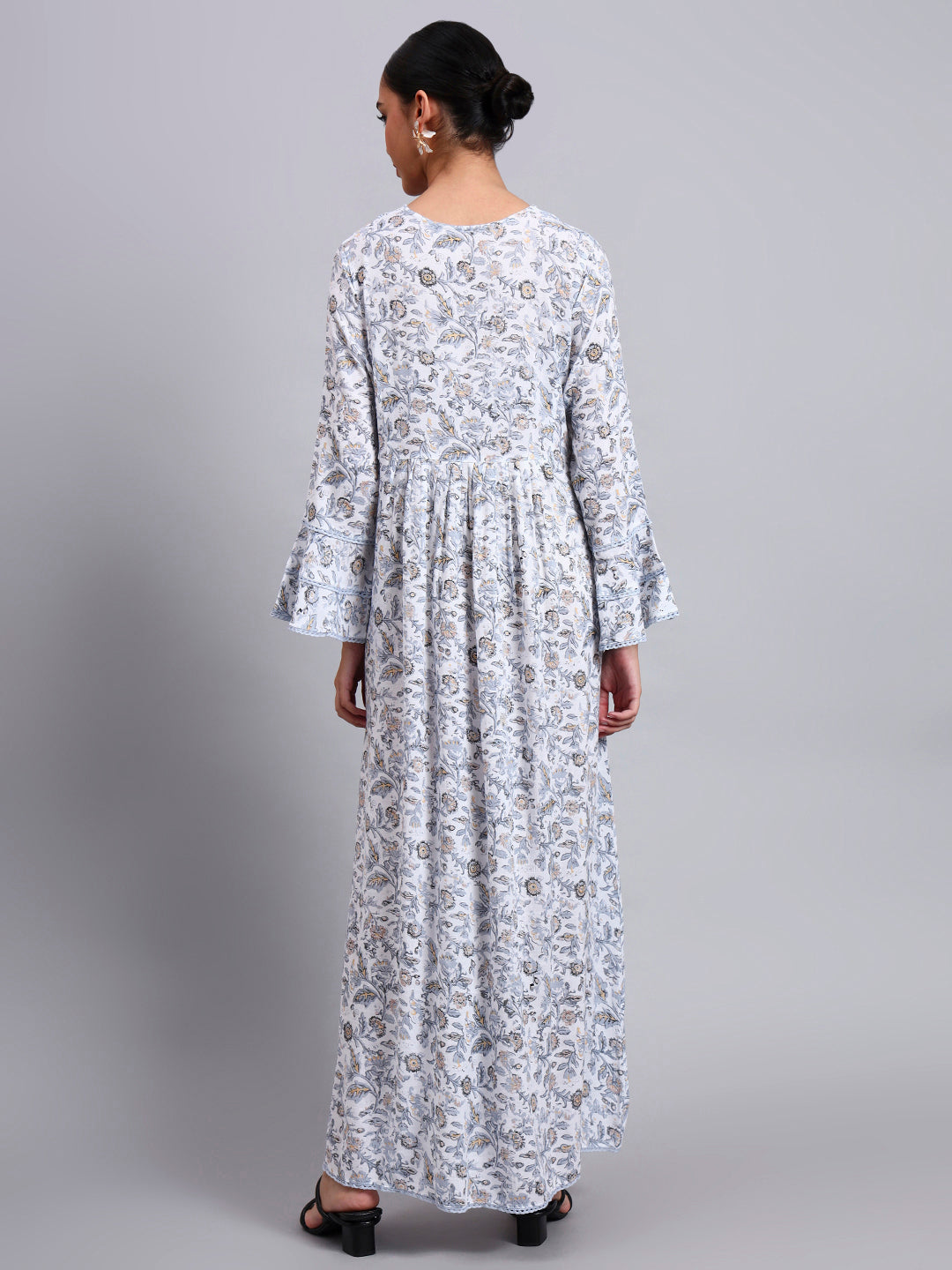 Women Floral Printed Rayon Jalabiya with Flared Sleeves & V-Neckline-AL4011 Dustygrey