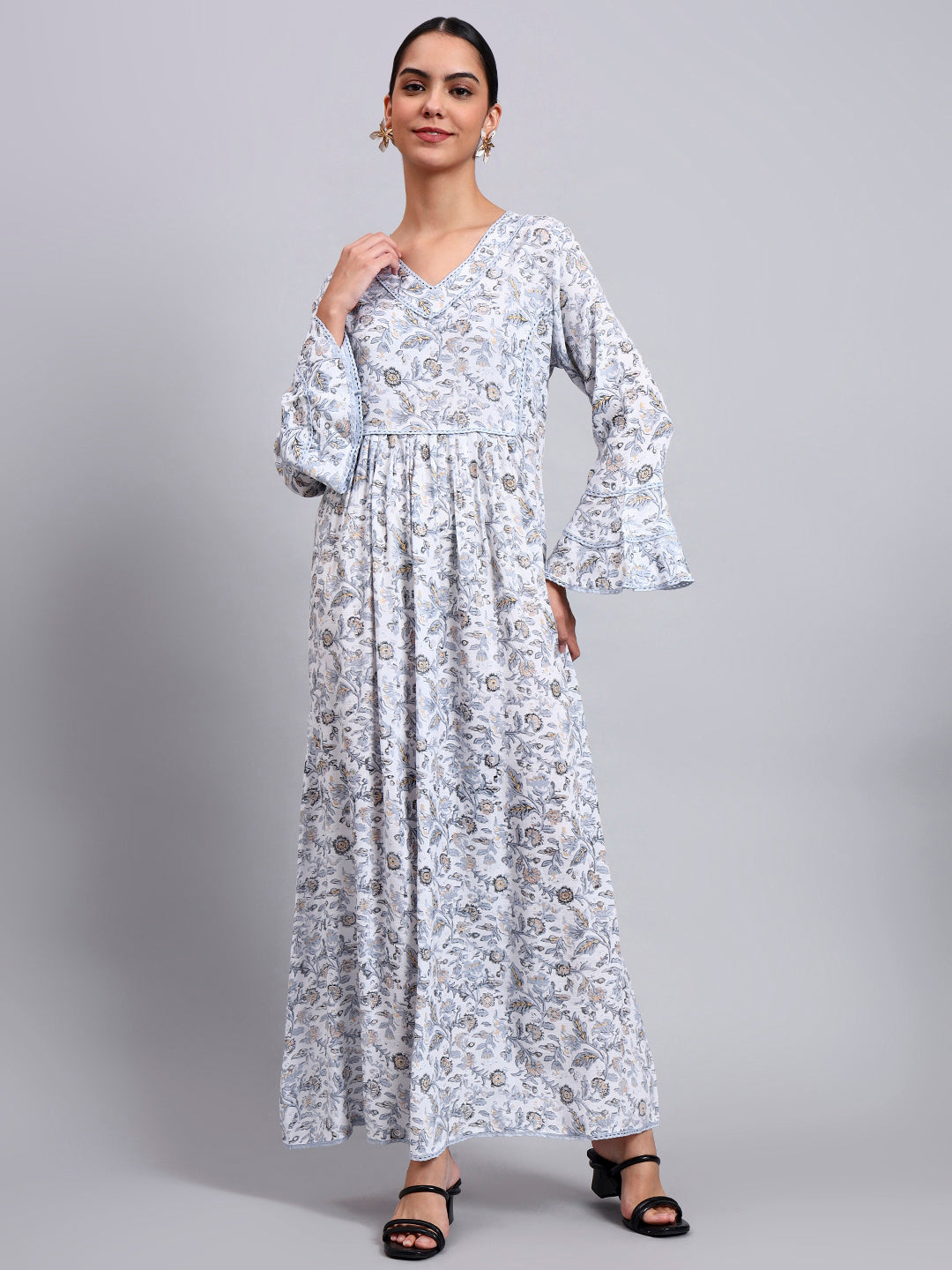 Women Floral Printed Rayon Jalabiya with Flared Sleeves & V-Neckline-AL4011 Dustygrey