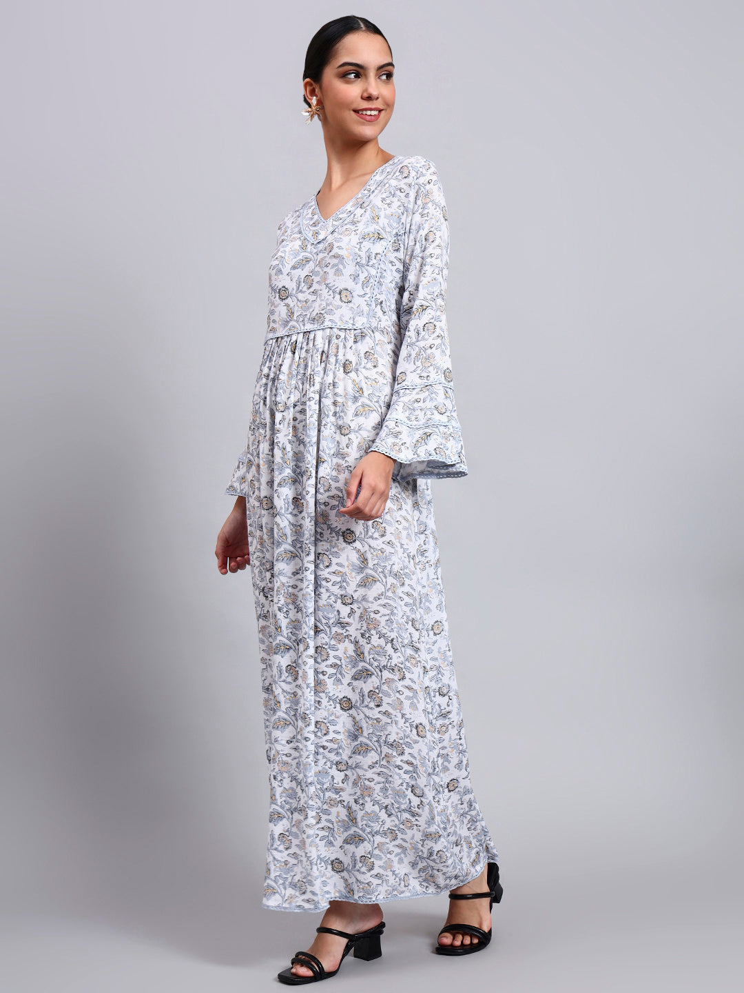 Women Floral Printed Rayon Jalabiya with Flared Sleeves & V-Neckline-AL4011 Dustygrey