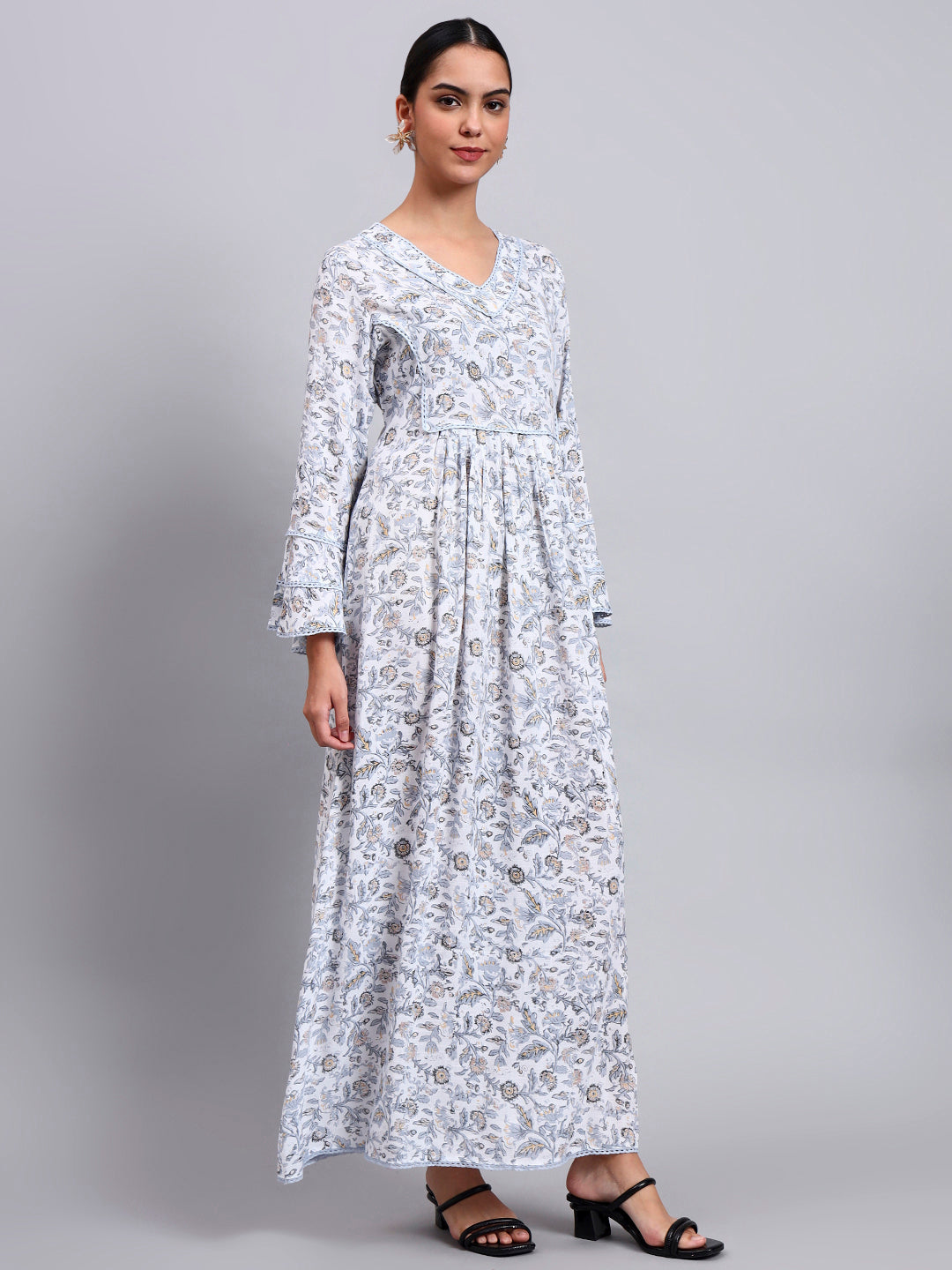 Women Floral Printed Rayon Jalabiya with Flared Sleeves & V-Neckline-AL4011 Dustygrey