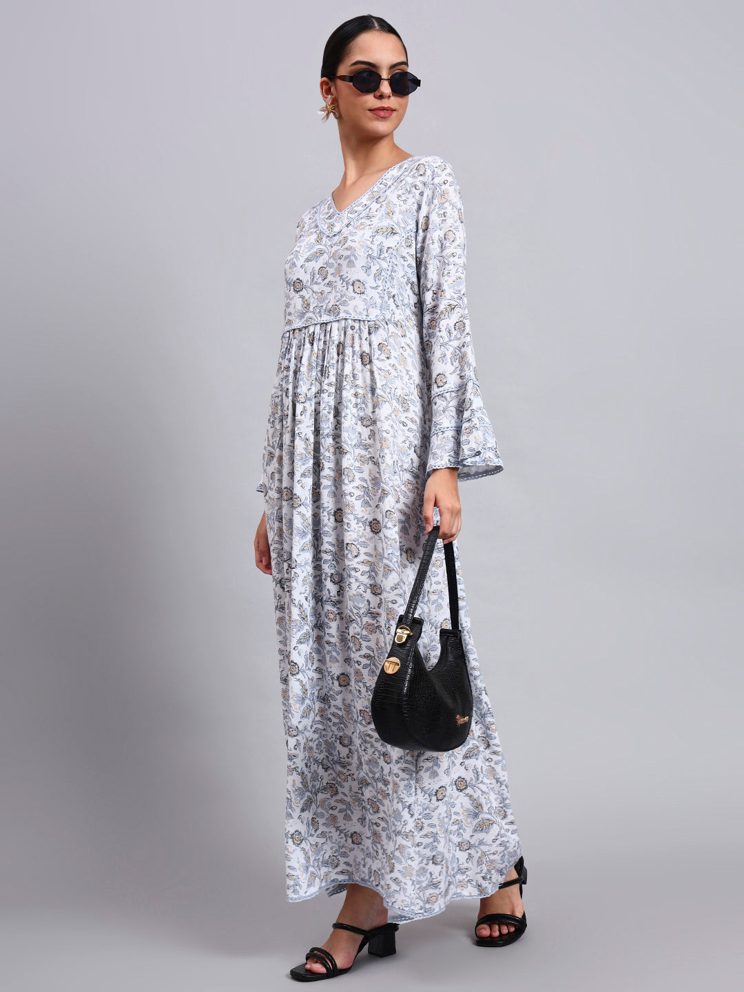 Women Floral Printed Rayon Jalabiya with Flared Sleeves & V-Neckline-AL4011 Dustygrey