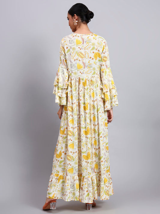 Women Floral Printed Rayon Jalabiya with Lace-Up Neckline-AL4006 Yellow