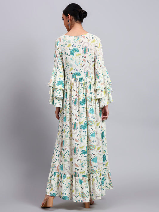 Women Floral Printed Rayon Jalabiya with Lace-Up Neckline-AL4006 Green