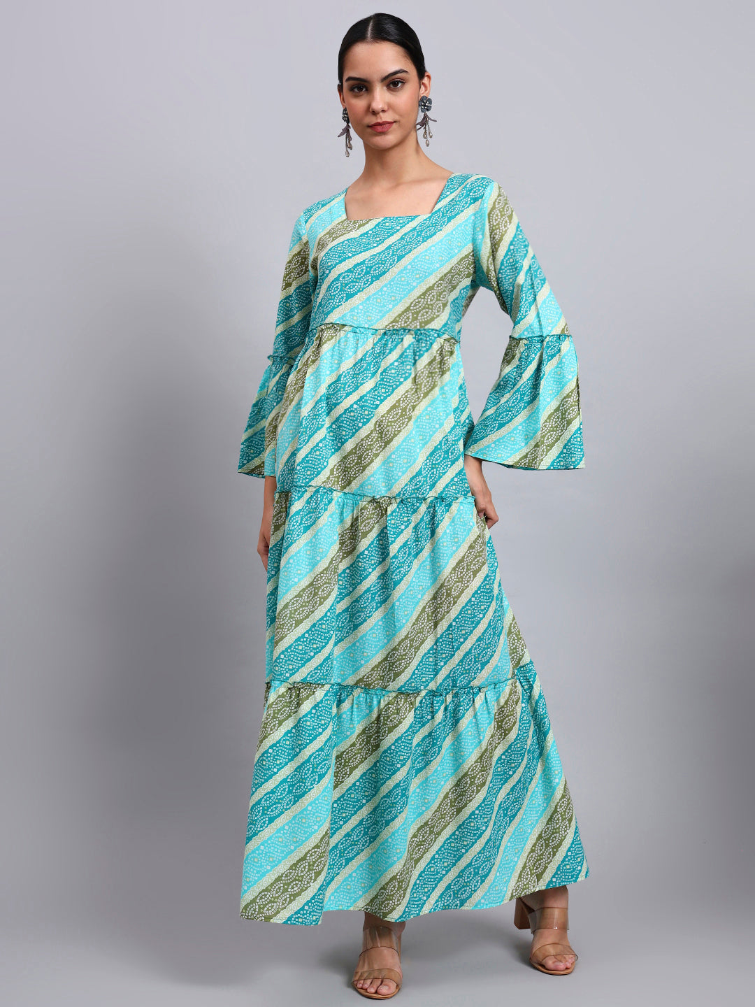 Women Printed Cotton Jalabiya with Bell Sleeves & Square Neckline-AL4050 Seagreen