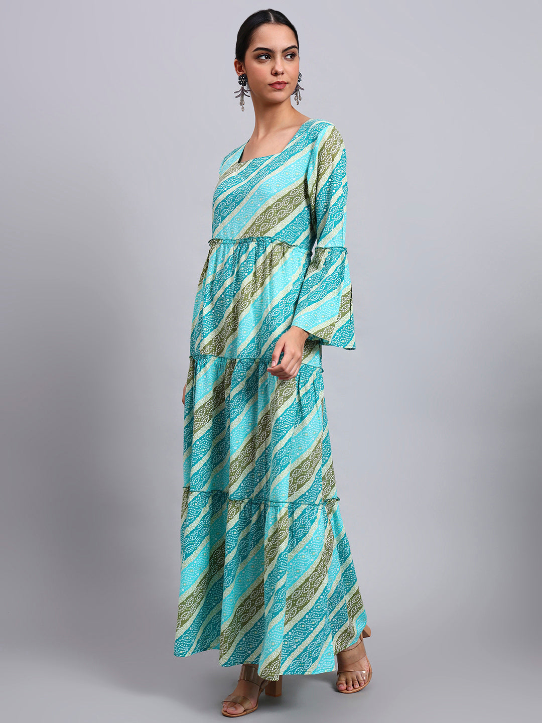 Women Printed Cotton Jalabiya with Bell Sleeves & Square Neckline-AL4050 Seagreen