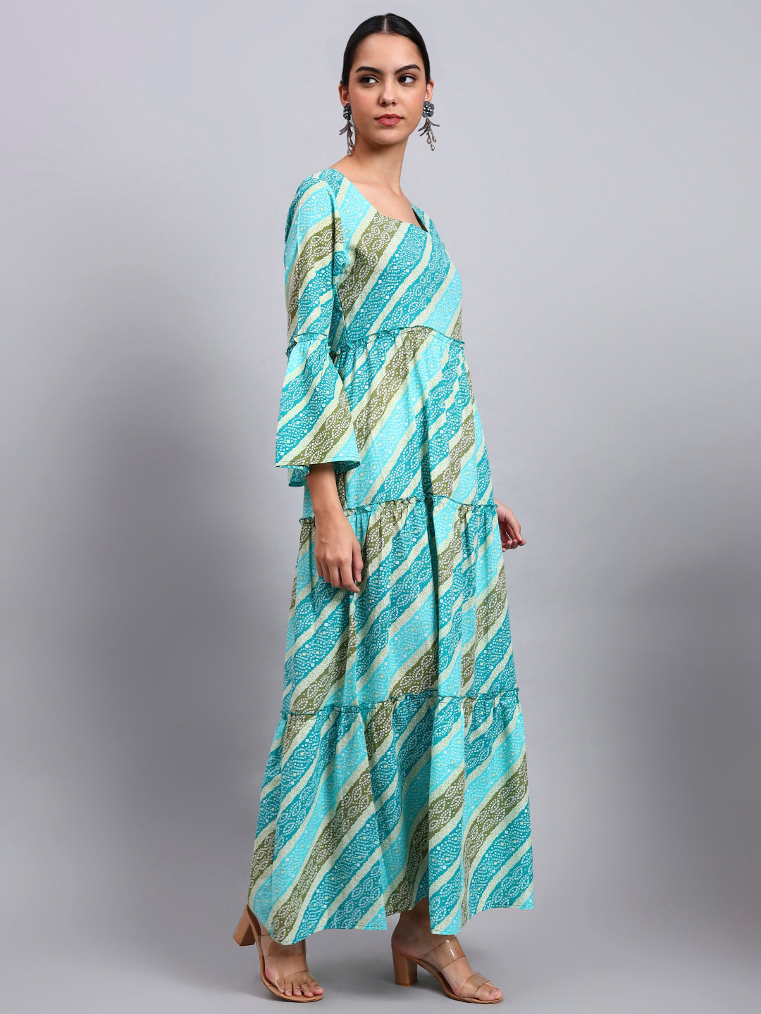 Women Printed Cotton Jalabiya with Bell Sleeves & Square Neckline-AL4050 Seagreen