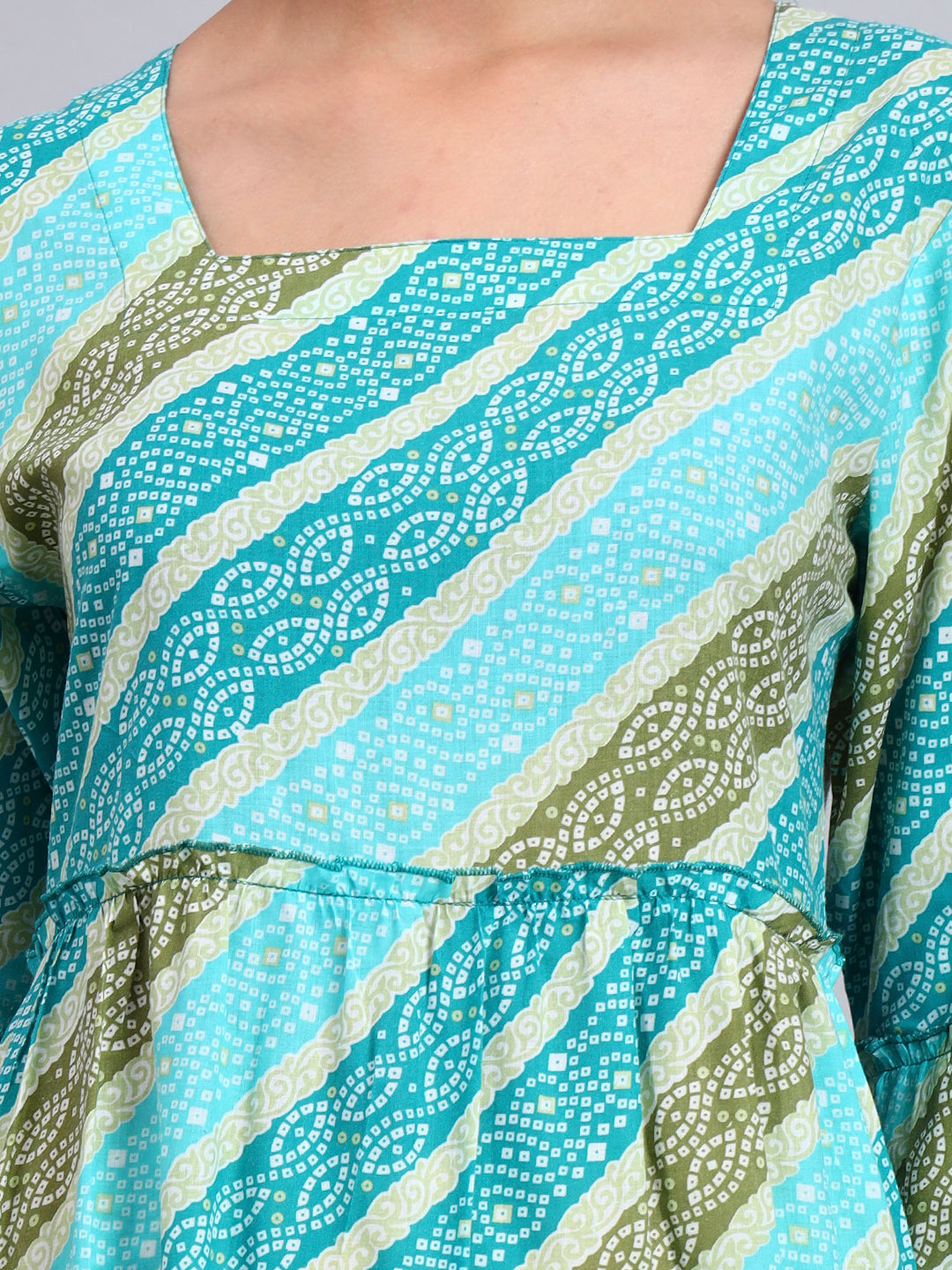 Women Printed Cotton Jalabiya with Bell Sleeves & Square Neckline-AL4050 Seagreen