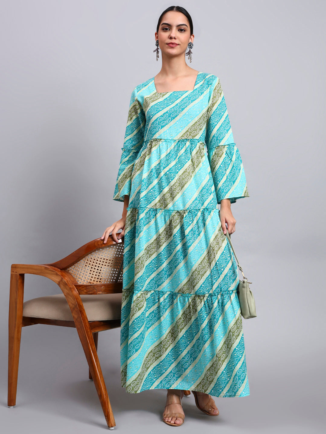 Women Printed Cotton Jalabiya with Bell Sleeves & Square Neckline-AL4050 Seagreen