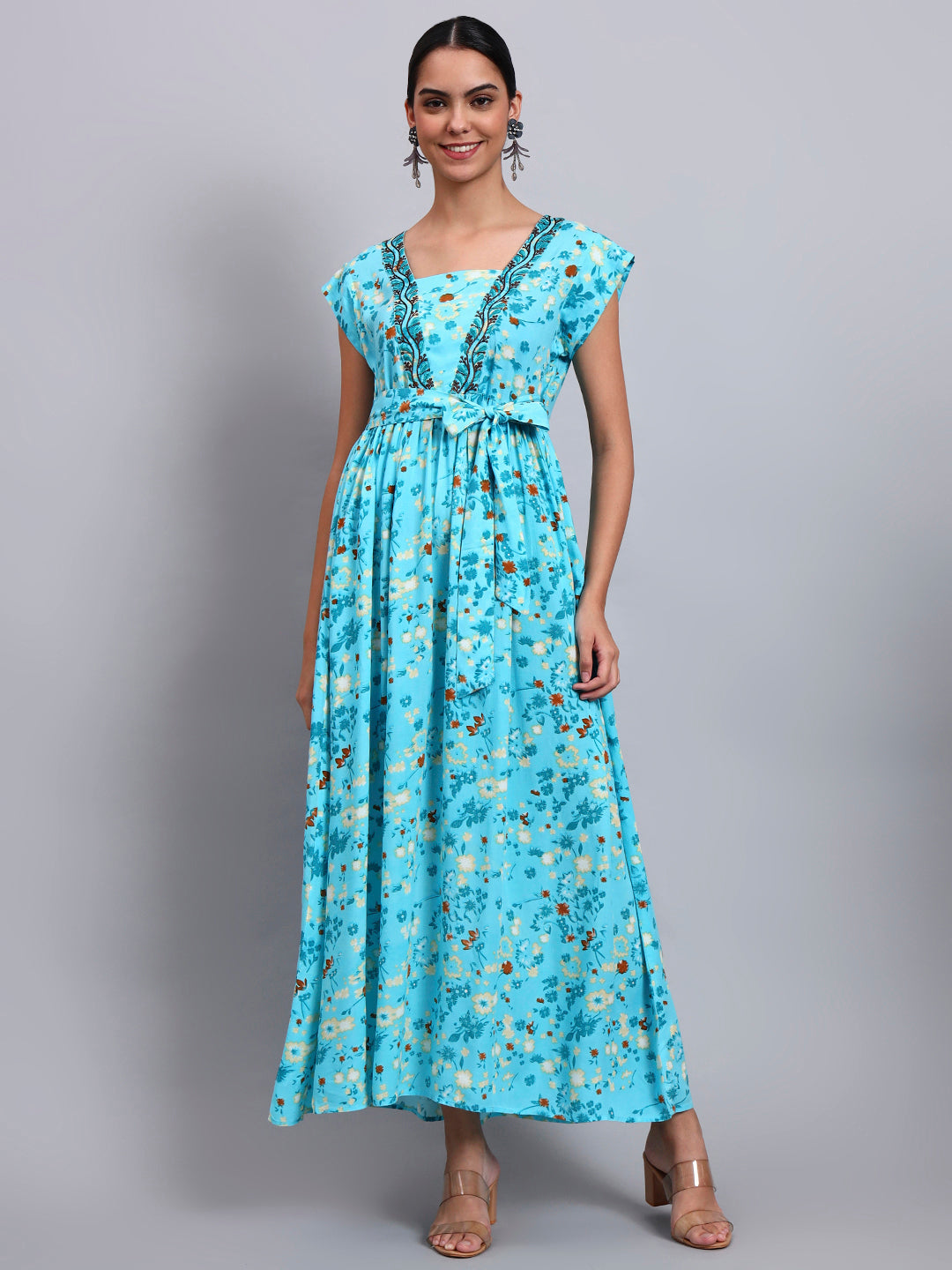 Women Floral Printed Cotton Jalabiya with Cap Sleeves & Square Neckline-AL4010 Turquoise